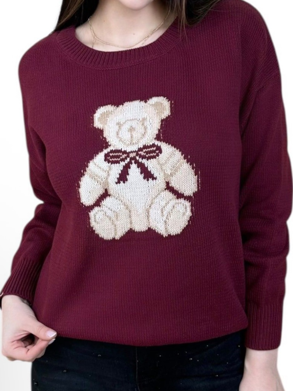 Blu Pepper Maroon Crewneck Sweater with Cream Teddy Motif